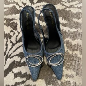 Fashion Nova Denim Slingback Heels with Rhinestones